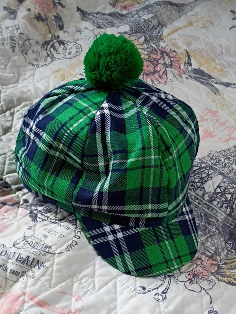 Green & Navy Blue Plaid Cabbie Cap Hat With Cute Little Pom Pom